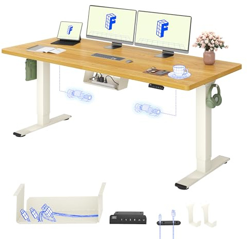 FLEXISPOT Escritorio Elevable Eléctrico con Tablero Completo y Doble Motor, 180x80 cm, Altura Regulable con Memoria, Accesorios incluidos, Sistema Anticolisión, Mousse Blanco+Arce