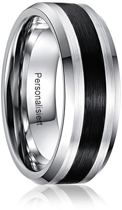 VAKKI Herren Ring 8mm Silber Wolframring Schwarze Gebürstete Eheringe Zweifarbiger Ringe für Männer Größe 49.3(15.7)-72(22.9)