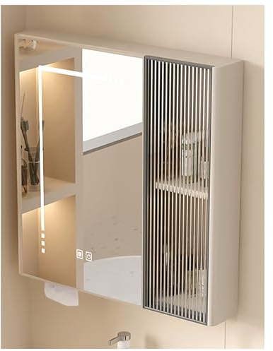 Armadietto moderno a specchio a LED con contenitore per trucco antinebbia montato a parete sopra la toilette organizzatore intelligente per medicine elegante soluzioni di archiviazione con specchio