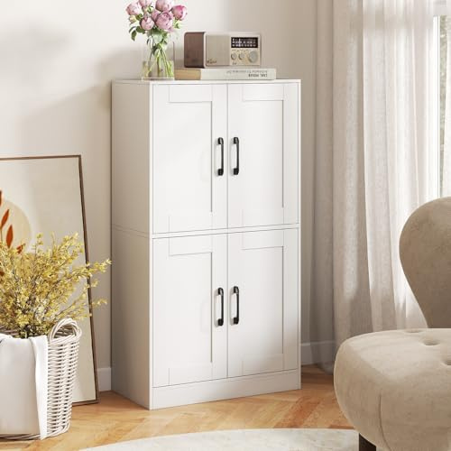 GIANTEX Armario Despensa de Cocina, Alacena con 4 Puertas y 4 Estantes de Almacenamiento, 2 Estantes Ajustables, Kits Antivuelco, 60 x 30 x 110 cm, Mueble Auxiliar para Comedor, Salón, Baño (Blanco)