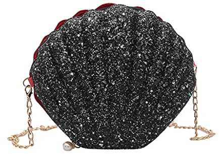 Muschel Tasche Damen Meerjungfrau Kostüm Accessoires Pailletten Muscheltasche Glitzer Kettentasche Partyoutfit Mermaid Costume für Fasching Karneval Meerjungfrauen Kostüm Accessoires (Schwarz)