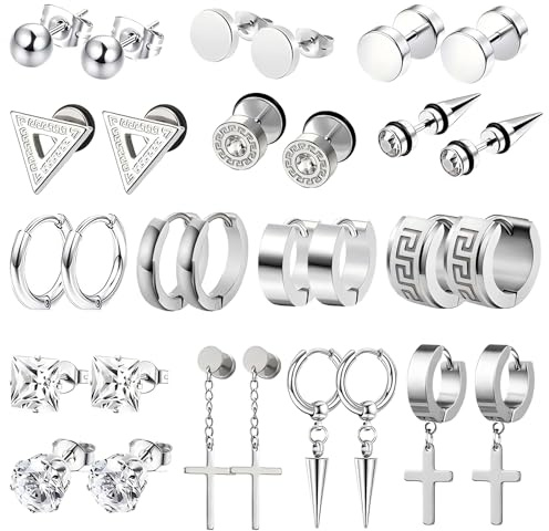 15 Pairs Men's Earrings Set - Stainless Steel Hoops, Studs and Dangles
