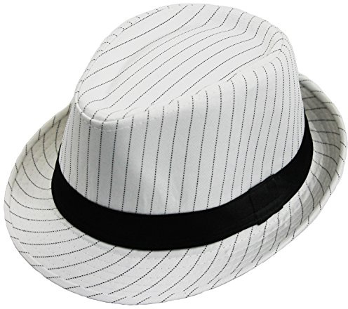 Trilby-Hut mit Nadelstreifen, luxuriöser Hut, Schwarz mit weißen Streifen und weißem Band, Gangster-Stil, Größe 58 cm, in 2 Farben erhältlich
