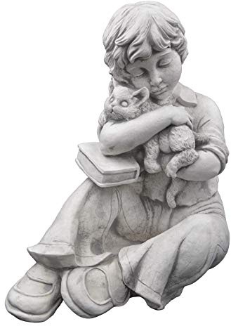 gartendekoparadies.de Jungen Figur mit Katze, Steinfigur H. 44 cm, 23 kg, Grau, frostsicher aus Steinguss für Außenbereich