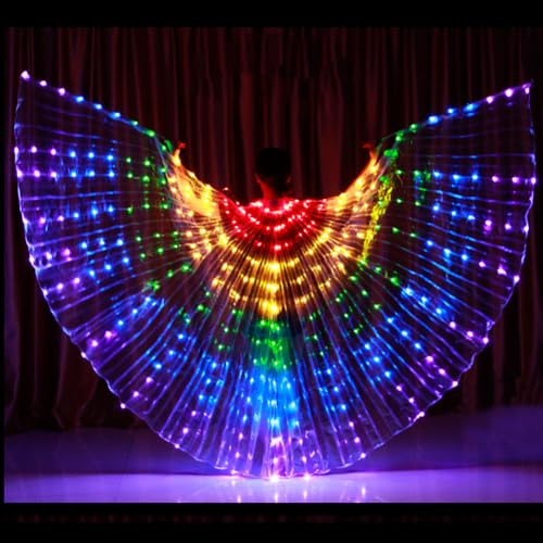 Leemiman Damen Bauchtanz LED Flügel für Erwachsene Bauchtanz Kostüme für Halloween Weihnachten Party Flügel mit Stöcken (Regenbogen)