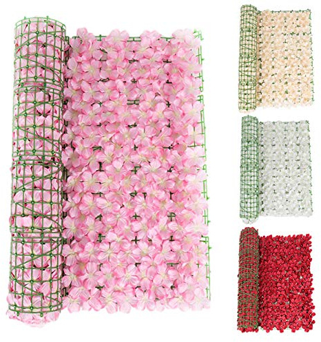 Mxiqqpltky Artificial Hedge Fence Screening with Flowers, Artificial Ivy Screen Trellis Fence Rolls for Balcony Patio Outdoor, Garden Privacy Screen for Backyard Home Decor (19.69x118.11in, White)