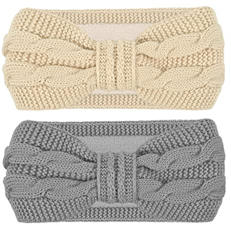 HOOWA Stirnband Damen Winter Gefüttert mit Fleece, 2pcs Mädchen Haarband Strick Haarbänder Elastische Stirnbänder Damen, Verdicken Kopfband Ohrenwärmer Warm Frauen