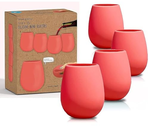 Sili Wraps Unbreakable Silicone Wine Glasses | Set of 4-12oz | BPA-Free | Stemless Outdoor Wine Cups | Coral