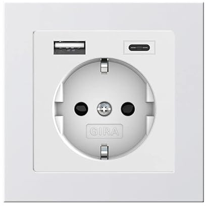 Gira Komplett Set 245927 Schuko Steckdose USB-Anschluss Shutter Berührungsschutz Typ A (max.2,4A) Typ C (max.3A) 021122 1-fach Rahmen E2 Reinweiß matt Unterputz Wandsteckdose Smartphone Tablet