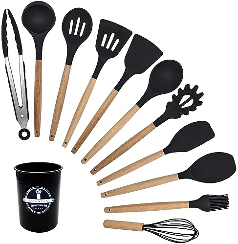 HOMESOFT Lot Ustensiles de cuisine, 12 pièces, silicone et bois (Noir), SET12N