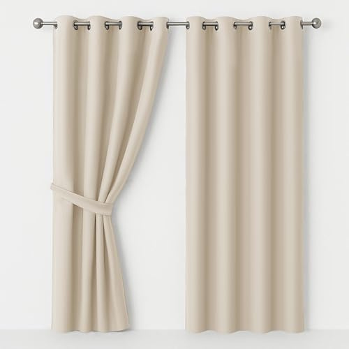 AMEHA Blackout Eyelet Curtains for Living Room 90x90 Inch Drop Black Out Curtains Thermal Insulated Energy Saving Ring Top Cream Curtain 2 Panels & Tieback