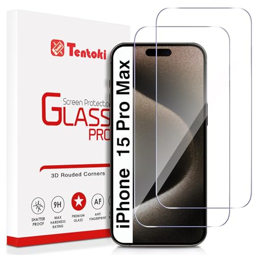 Tentoki Pellicola protettiva in vetro temperato per iPhone 15 Pro Max (6,7 pollici), design ad arco 2,5D [2 pezzi] Ultra HD, durezza 9H, antigraffio, compatibile con la custodia