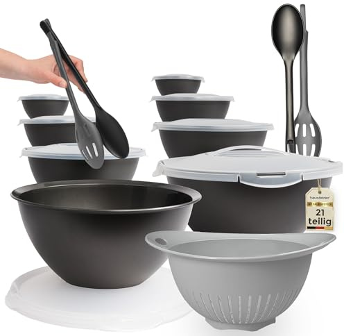 Hausfelder Salatschüssel Set 21-tlg, 0,7/1,9/3,6/6 l, Anthrazit | Salatschüssel mit Deckel Set groß, Salatbesteck & Sieb, Kunststoff BPA-frei Camping Küche, Stapelbar Spülmaschinenfest