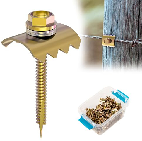 Wuno Shop Fence Staples, Fence Post Screws for Softwoods, Fence Fasteners for Wire Fencing, Reuse Fence Staple Nails with Wire Fixer for Wire Mesh and Woven Fencing (100 Pcs), Gold