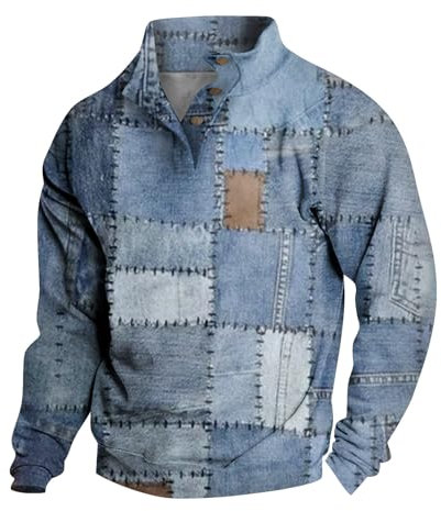 Pullover Herren Winter Stehkragen Mit Knöpfen Sweatshirt Jacke Pullis Vintage Druck T Shirts Männer Top Lässige Y2k Hoodie Casual Sweater Retro Hemdjacke Thermo Oberteil Sweatjacke(1-Light Blue,S)