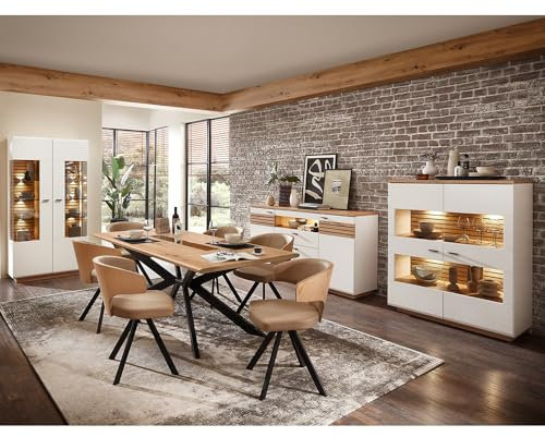 Lomadox Esszimmer Set weiß mit Eiche 4-teilig modern, 1 Esstisch, 1 Sideboard, 1 Vitrine, 1 Highboard, inkl. Beleuchtung