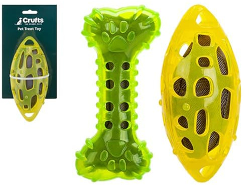 Crufts TPR Pet Treat Toy, 17cm (1 Pc.) - Assorted Ball/Bone (Green or Yellow), 2-in-1 Dental Care Dispenser with Dental Pimples