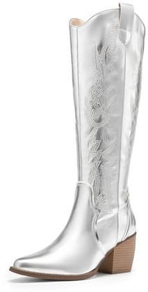 DREAM PAIRS Cowboy höga stövlar dam, Metallisk silver, 38 EU