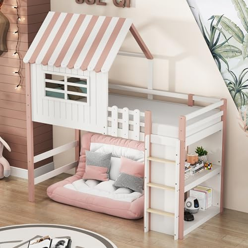 WIZBED Hochbett 90x200, Kinderbett mit Ablagefach, Multifunktionsbett Massivholzbett mit Rausfallschutz und Lattenrost Holzbett, Rosa, ohne Matratze