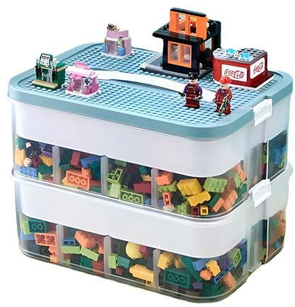 Lego förvaringsbox, barnleksaksförvaring, stapelbar plastbehållare med lock och handtag, flera fack bröstfodral för byggstenar, hantverk, smycken, pärlor, verktyg, leksaker (2 nivåer) grön)