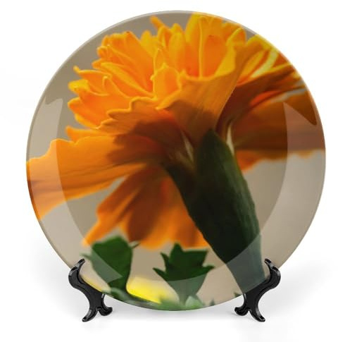8 Ceramic Decorative Plates French Marigold Yellow Flower Home Wobble-Plate with Display Stand Wall Hanging Plate Kitchen Office Decor Wall Art Ornament