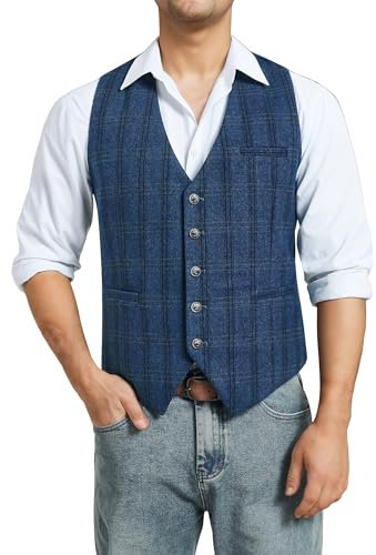 Enlision Gilet Uomo Blu Vintage Tweed Lana Gilet Abito Casual Per Uomo Formale Matrimonio Business Con Tasca L