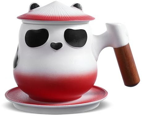 ZENS Tea Infuser Mug with Lid, 330ml Tea Infuser Cup for Loose Leaf Tea | Cute Ceramic Tea Strainers Cup for Loose Tea Diffusers, Wood Handle, Tea Lovers Gifts, Red