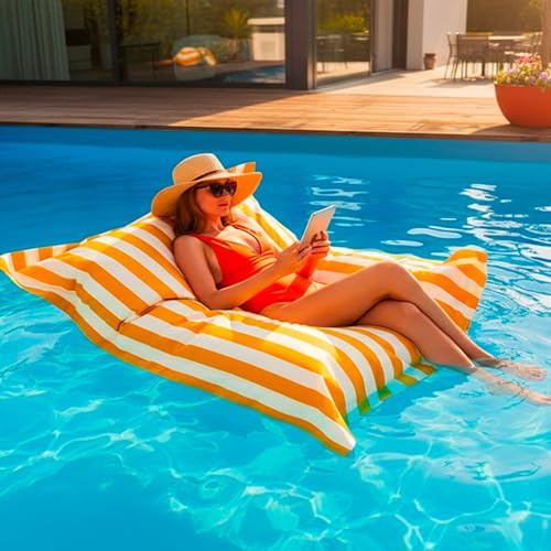 LIVEDECO – Enorm XXL sittsäck, avtagbart överdrag, flytande för pool, randig gul Deauville Pool BiG52
