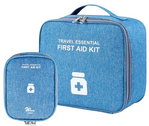 Medicineringsväska, 2 stycken reseapoteksväska, första hjälpen väska tom, medicinförvaring, bärbar reseapotekväska för hemresor, camping, blå