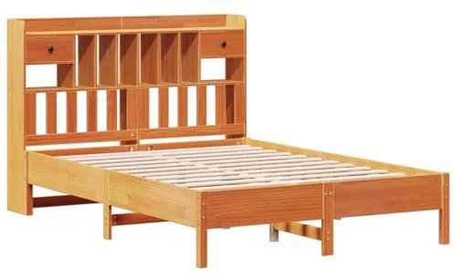 vidaXL Massivholzbett, Bett Kopfteil mit Bücherregal ohne Matratze, Bettgestell mit Lattenrost, Holzbett Doppelbett für Schlafzimmer, Wachsbraun 135x190cm Kiefer