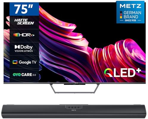 Metz Smart TV, MQE7600Z, 75, QLED, 4K, UHD, HDR 10+, Google TV, Matte Screen, Eye Care, Flicker-Free, Auto Ambient Light Sensor, HDMI, USB, Grigio Soundbar Bluetooth, MSE3001Z