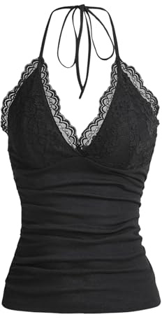 GORGLITTER Damen Y2K Top Mit Spitze Neckholder Top Spitzentop Trägertop | Spitzen Top Damen, Halter Neck Top, Camisole V Aussschnitt, Tops Y2k, Festival Outfits
