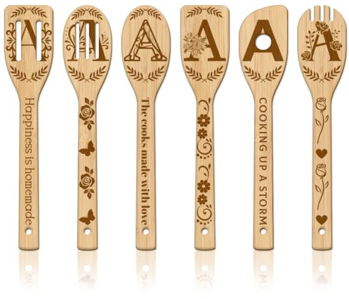 GLOBLELAND 6 Stück Buchstabe A Bambus Kochutensilien Blumen Muster Holzgravur Kochlöffel Set Gravur Schnitzerei Küche Bambus Spatel Set Für Küche Housewarming Geschenk Mutter Freundin Frauen