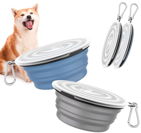 Pawaboo Faltbare Hundenapf Reisenäpfe 2 Stück 1000ml mit Deckeln | Tragbar Silikon Auslaufsicher Trinknapf Fressnapf mit und Karabiner für Hunde Katzen Spaziergänge Unterwegs, Blau + Grau