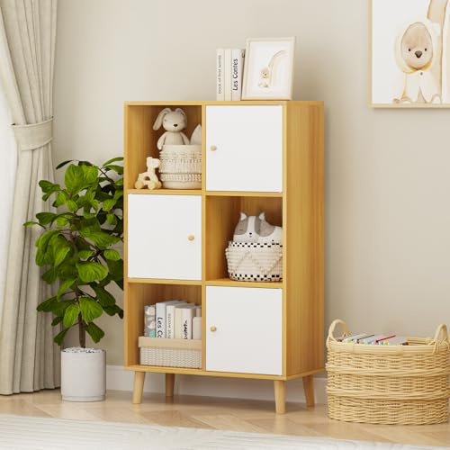 OXFENSEE Bücherregal weiß Bücherschrank,Aufbewahrungsregal,Regal mit Türen mit 3 Türen und 6 Fächern Würfelregal Kinder Büroregal freistehend Aufbewahrungsregal für Wohnzimmer (A-Holzfarbe, 6 Fächern)