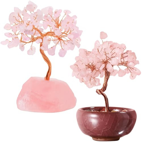 BDHYYM 2Pcs Rose Quartz Crystal Tree of Life, Chakra Tree of Life Gifts, Crystals House Warming Gifts New Home, Healing Crystals Gift for Women, money tree, crystal gifts for women