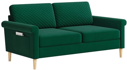 Vesgantti Velvet 2 Seater Sofa, 164cm Loveseat Sofa with Bilateral Pocket Storage, Upholstered Couch Perfect for Living Room, Bedroom, Office, Apartment, Tool-free Assembly, 164L*76D*85Hcm, Green
