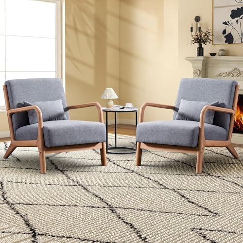 EBELLO Living Room Armchair, Solid Wood, Lumbar Support, Grey, 2 Pack | Linen lounge chair, 18cm thick foam, rubberwood frame, 150kg capacity, easy 10-min assembly, for living room/bedroom/balcony.