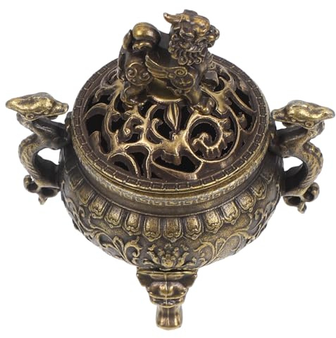 Sosoport Chinesischer Räuchergefäß Kupfer mit Deckel Dreibeinig und Doppelgriff Kleiner Räucherkegelhalter mit Filigranen Blumenmustern für Home Deco und Büro