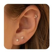 VRIUA Hypoallergenic Flat Back Earrings for Women - 14K Gold Plated Small Star Moon Sun Flat Back Stud Earrings Cartilage Helix Piercing Jewelry