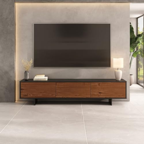 IDIMEX Lowboard ARTO 185 cm, Schwarz/Kastanie Finish – Moderne TV Konsole mit 3 Türen aus Kiefer Massivholz, schwebende Optik, Push-to-Open-Funktion, niedriges Lowboard mit Stauraum