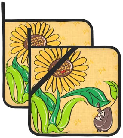 HYTTER Set di 2 presine isolate quadrate con stampa di semi di girasole e girasoli, 20,3 x 20,3 cm, antiscottatura e termoisolante, impermeabili