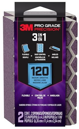 3M Pro Grade Precision 3-in-1 Sanding Sponge, 120 Grit Medium, 2 Sponges, Washable & Reusable, for Wood, Metal, Drywall, and Surface Prep – Flexible Foam, Contoured, Angled, Flat