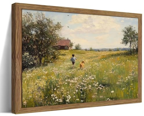 Vintage Framed Canvas Wall Art, Rustic Wall Decor, Boy Running in the Flower Field Pictures Prints, Farmhouse Landscape Oil Painting, Country Artwork for Living Room Bedroom – 12x16in
