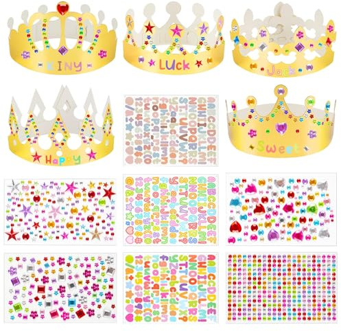 ZephyrHome Coronas de Papel Doradas para Cumpleaños,15 Piezas DIY corona cumpleaños con diamantes de imitación, coronas ajustables para niños y adultos decorar, gorro cumpleaños para fiestas birthday