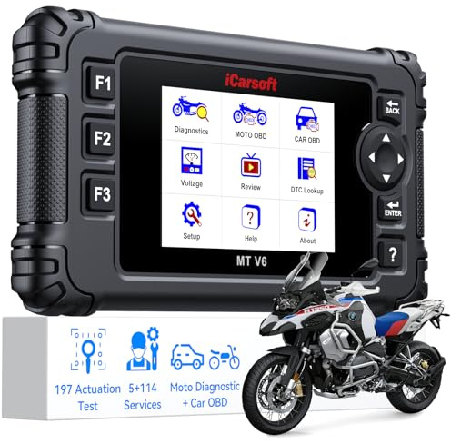 iCarsoft Motorrad OBD2 Diagnosegerät Bidirektional Passend für BMW mit ABS Bleeding, Throttle, Alle Systeme Motorrad-Diagnosetool, Multisystem-Diagnosecodeleser, mit Hot Reset Funktionen, Datenstrom