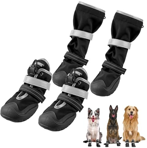OneTigris 4 Stück Anti-Rutsch Hundeschuhe, Pathfinder Pfotenschutz Wasserdicht, Verstellbar, mit Reflektierenden Klettverschlüss für Mittlere und Große Hunde - Schwarz, Größe 8