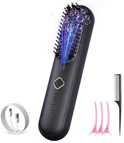 Anluomafuy Brosse Lissante Sans Fil, Brosse Lissante pour Cheveux Anti-BrûLure, Lisseur Cheveux-Ions Négatifs avec Type C, 4000 mAh, 4 Températures (140-200°C), Portable et Pratique pour Voyage