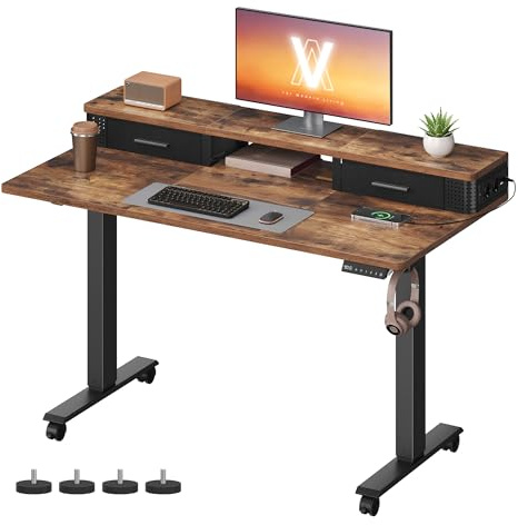 VASAGLE Höhenverstellbarer Schreibtisch elektrisch, 120 x 60 cm | Stufenlos verstellbar, mit Monitorständer, Steckdosenleiste, Haken, Memory-Funktion, vintagebraun LSD182KD02