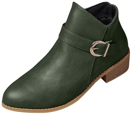 Bruna stövlar dam med klack – vinterstövlar dam svarta damstövlar bältesspänne skaftstövlar eleganta vinterskor vintage vinterstövlar lätta Chelsea stövlar med blockklack damskor, Grön, 36 EU